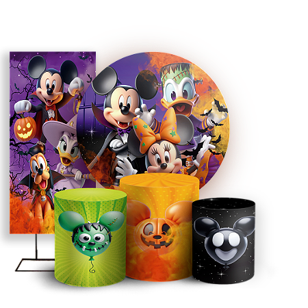 Capas Painel Redondo Trio Cilindro e Faixa Lateral Sublimado - Mickey Dia das Bruxas Halloween