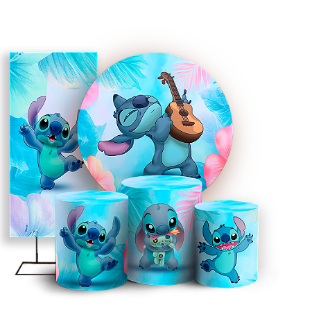 Capas Painel Redondo Trio Cilindro e Faixa Lateral Sublimado - Lilo e Stitch Azul