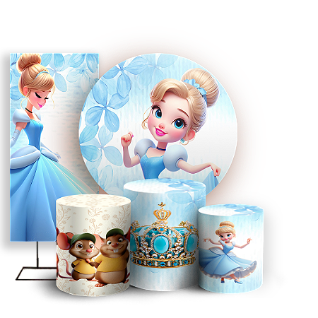 Capas Painel Redondo Trio Cilindro e Faixa Lateral Sublimado - Princesa Cinderela