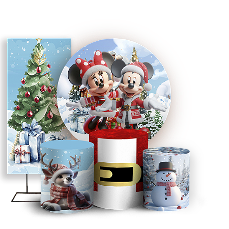 Capas Painel Redondo Trio Cilindro e Faixa Lateral Sublimado - Mickey Natal