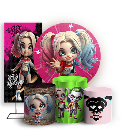 Capas Painel Redondo Trio Cilindro e Faixa Lateral Sublimado - Arlequina e Coringa