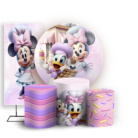 Capas Painel Redondo Trio Cilindro e Faixa Lateral Sublimado - Minnie Confeitaria