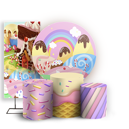 Capas Painel Redondo Trio Cilindro e Faixa Lateral Sublimado - Doces Confeitaria