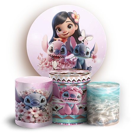 Capas Painel Redondo e Trio Cilindro Sublimado - Stitch Rosa
