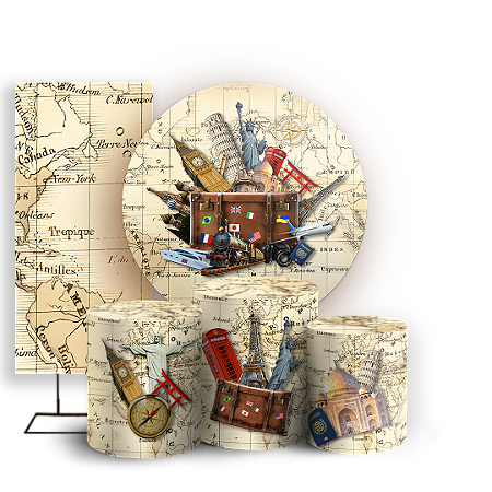 Capas Painel Redondo Trio Cilindro e Faixa Lateral Sublimado - Mapa Viagens