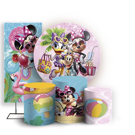 Capas Painel Redondo Trio Cilindro e Faixa Lateral Sublimado - Minnie Pool Party