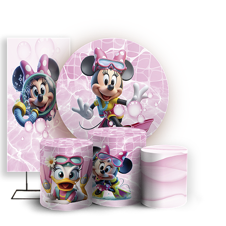 Capas Painel Redondo Trio Cilindro e Faixa Lateral Sublimado - Minnie Pool Party