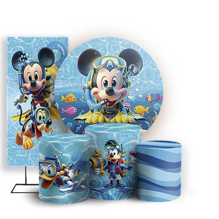 Capas Painel Redondo Trio Cilindro e Faixa Lateral Sublimado - Mickey Pool Party