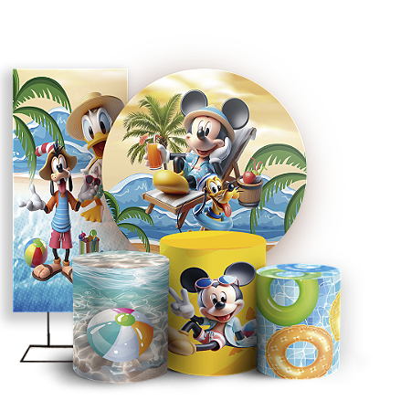 Capas Painel Redondo Trio Cilindro e Faixa Lateral Sublimado - Mickey Pool Party