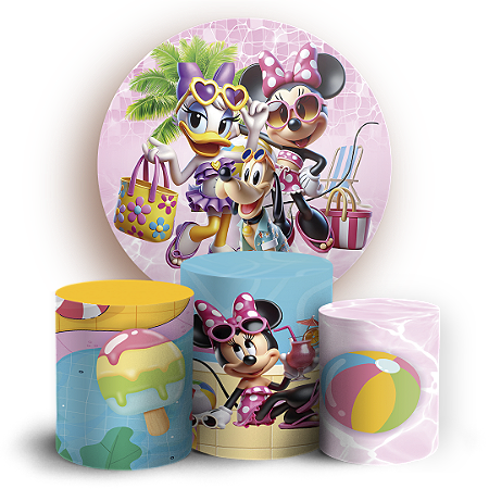 Capas Painel Redondo e Trio Cilindro Sublimado - Minnie Pool Party