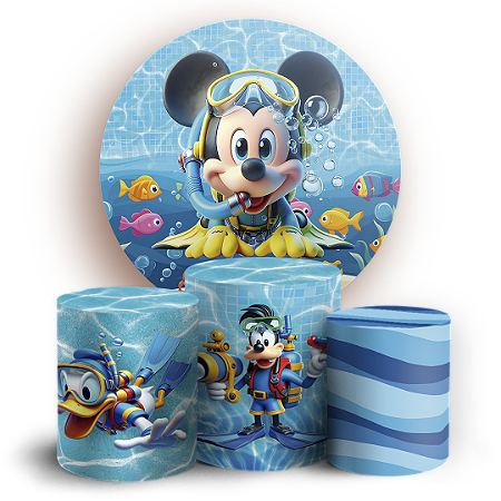 Capas Painel Redondo e Trio Cilindro Sublimado - Mickey Pool Party