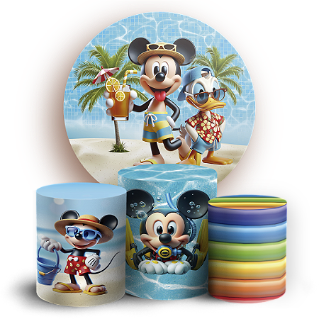 Capas Painel Redondo e Trio Cilindro Sublimado - Mickey Pool Party