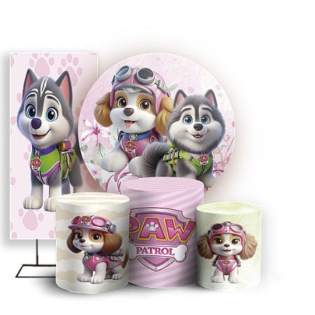 Capas Painel Redondo Trio Cilindro e Faixa Lateral Sublimado - Patrulha Canina Rosa