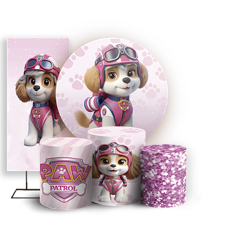 Capas Painel Redondo Trio Cilindro e Faixa Lateral Sublimado - Patrulha Canina Rosa
