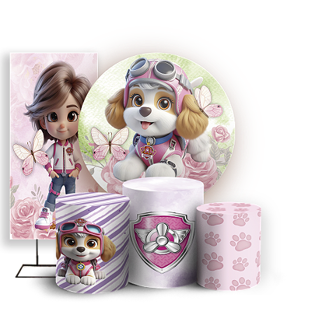 Capas Painel Redondo Trio Cilindro e Faixa Lateral Sublimado - Patrulha Canina Rosa