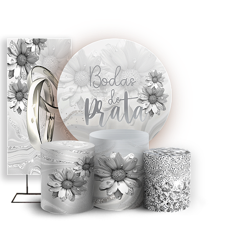 Capas Painel Redondo Trio Cilindro e Faixa Lateral Sublimado - Bodas De Prata