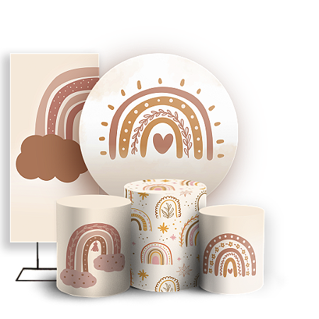 Capas Painel Redondo Trio Cilindro e Faixa Lateral Sublimado - Arco Iris Boho
