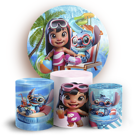 Capas Painel Redondo e Trio Cilindro Sublimado - Stitch Pool Party