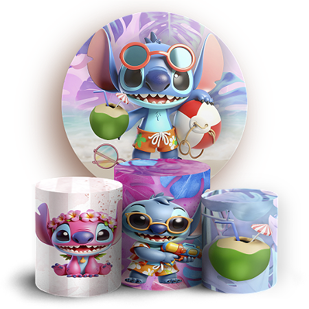 Capas Painel Redondo e Trio Cilindro Sublimado - Stitch Pool Party