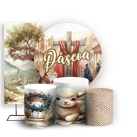 Capas Painel Redondo Trio Cilindro e Faixa Lateral Sublimado - Páscoa