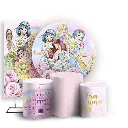 Capas Painel Redondo Trio Cilindro e Faixa Lateral Sublimado - Princesas