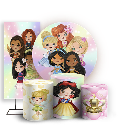 Capas Painel Redondo Trio Cilindro e Faixa Lateral Sublimado - Princesas