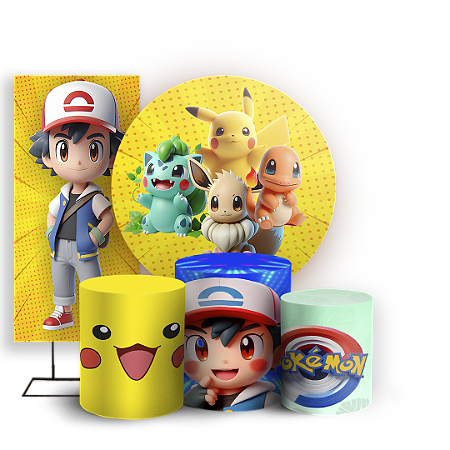 Capas Painel Redondo Trio Cilindro e Faixa Lateral Sublimado - Pokemon