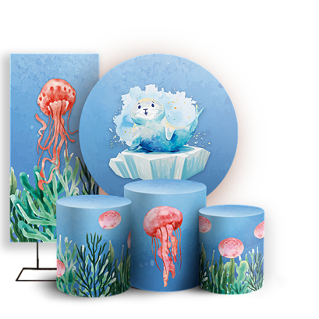 Capas Painel Redondo Trio Cilindro e Faixa Lateral Sublimado - Fundo Do Mar