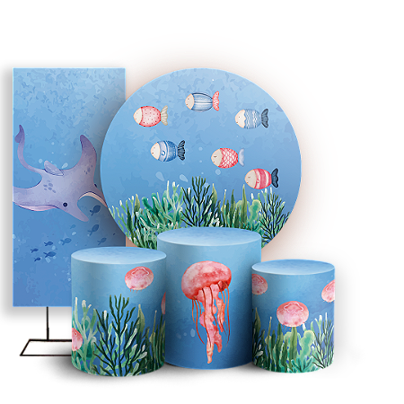 Capas Painel Redondo Trio Cilindro e Faixa Lateral Sublimado - Fundo Do Mar