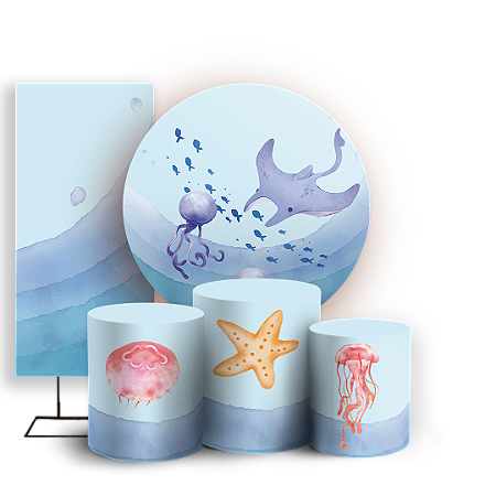 Capas Painel Redondo Trio Cilindro e Faixa Lateral Sublimado - Fundo Do Mar