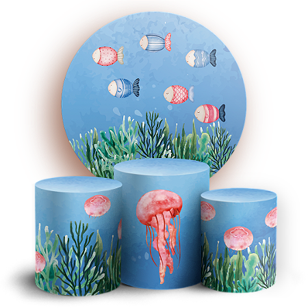 Capas Painel Redondo e Trio Cilindro Sublimado - Fundo Do Mar
