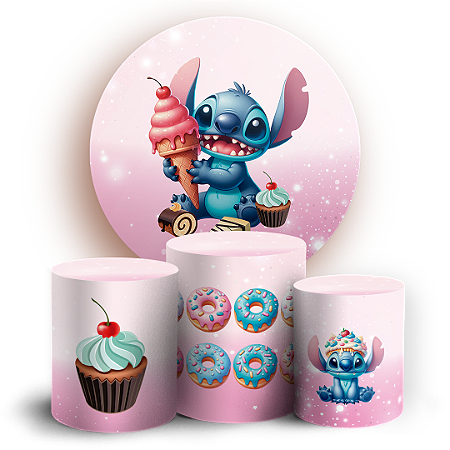 Capas Painel Redondo e Trio Cilindro Sublimado - Stitch Confeitaria