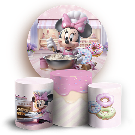 Capas Painel Redondo e Trio Cilindro Sublimado - Minnie Confeiteira