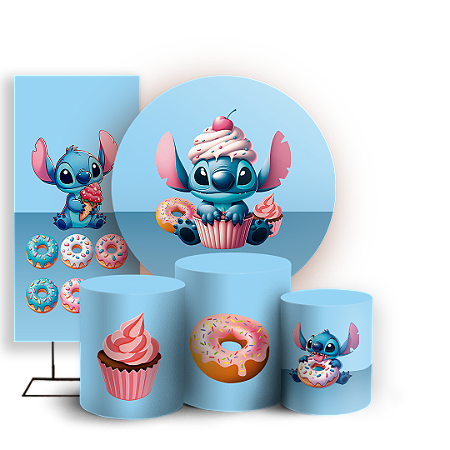 Capas Painel Redondo Trio Cilindro e Faixa Lateral Sublimado - Stitch Confeitaria
