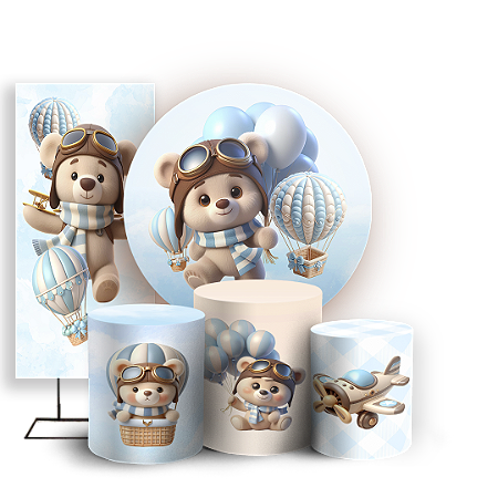 Capas Painel Redondo Trio Cilindro e Faixa Lateral Sublimado - Ursinho Baloeiro