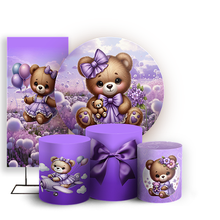 Capas Painel Redondo Trio Cilindro e Faixa Lateral Sublimado - Ursinha Roxa