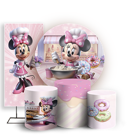 Capas Painel Redondo Trio Cilindro e Faixa Lateral Sublimado - Minnie Confeiteira