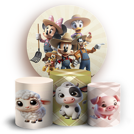 Capas Painel Redondo e Trio Cilindro Sublimado - Mickey Fazendinha