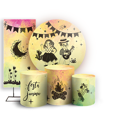 Capas Painel Redondo Trio Cilindro e Faixa Lateral Sublimado - Festa Junina