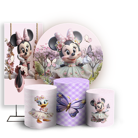 Capas Painel Redondo Trio Cilindro e Faixa Lateral Sublimado - Minnie Jardim