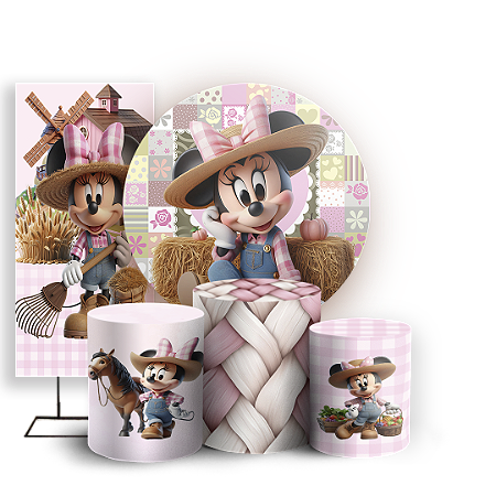 Capas Painel Redondo Trio Cilindro e Faixa Lateral Sublimado - Minnie Fazendinha