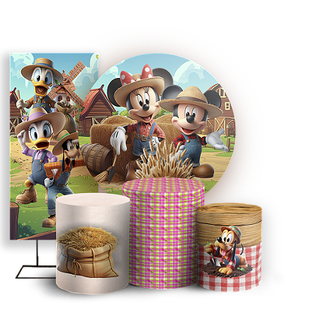 Capas Painel Redondo Trio Cilindro e Faixa Lateral Sublimado - Mickey Fazendinha