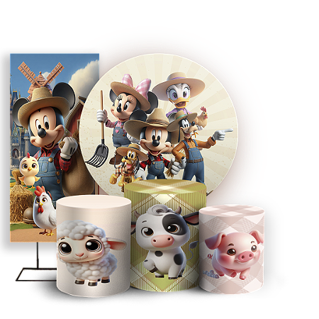 Capas Painel Redondo Trio Cilindro e Faixa Lateral Sublimado - Mickey Fazendinha