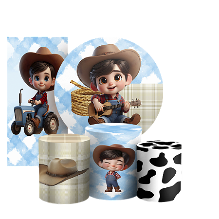 Capas Painel Redondo Trio Cilindro e Faixa Lateral Sublimado - Menino Fazendinha