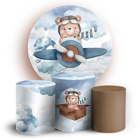 Capas Painel Redondo e Trio Cilindro Sublimado - Ursinho Aviador