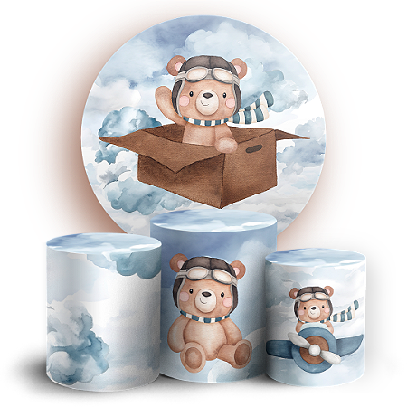 Capas Painel Redondo e Trio Cilindro Sublimado - Ursinho Aviador