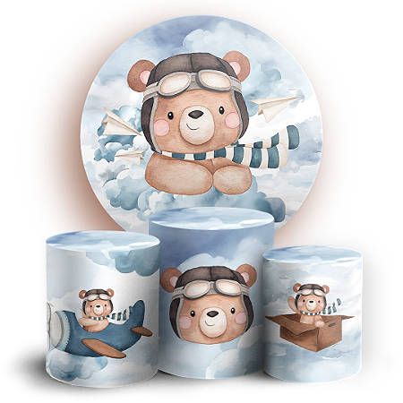 Capas Painel Redondo e Trio Cilindro Sublimado - Ursinho Aviador