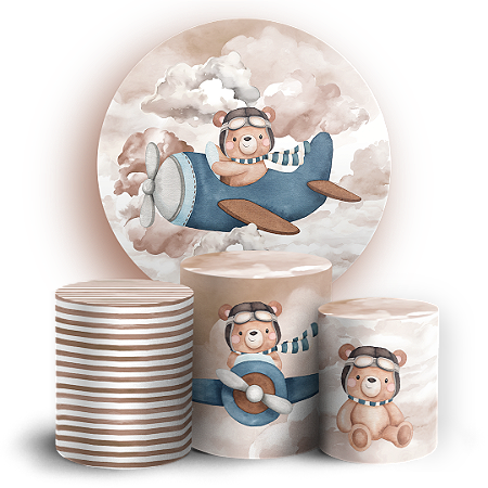 Capas Painel Redondo e Trio Cilindro Sublimado - Ursinho Aviador