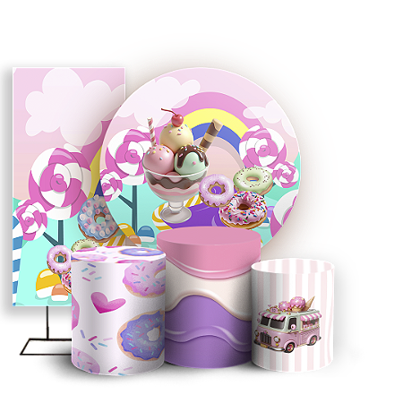 Capas Painel Redondo Trio Cilindro e Faixa Lateral Sublimado - Confeitaria