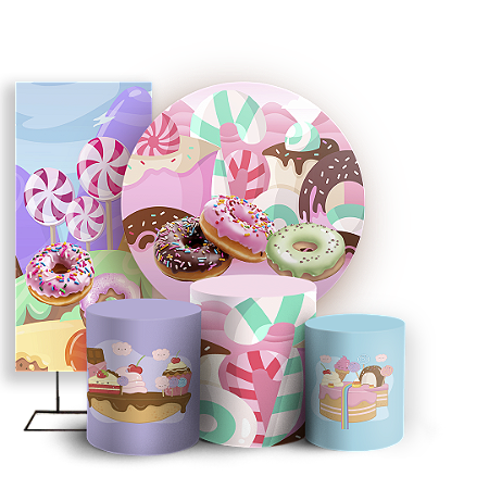 Capas Painel Redondo Trio Cilindro e Faixa Lateral Sublimado - Confeitaria